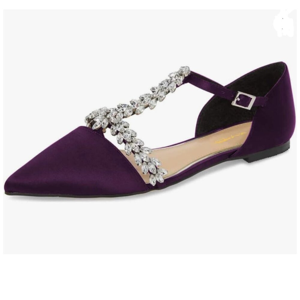 XYD Purple Rhinestone T-Strap Crystal Bridal Sandals Pointy Toe Wedding Shoes